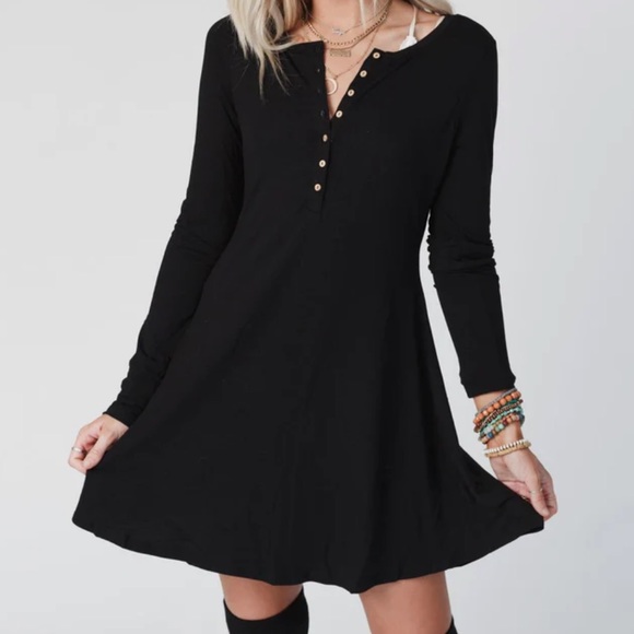NWT Black Button Henley Skater Fit & Flare Little Black Dress LBD - Picture 2 of 8